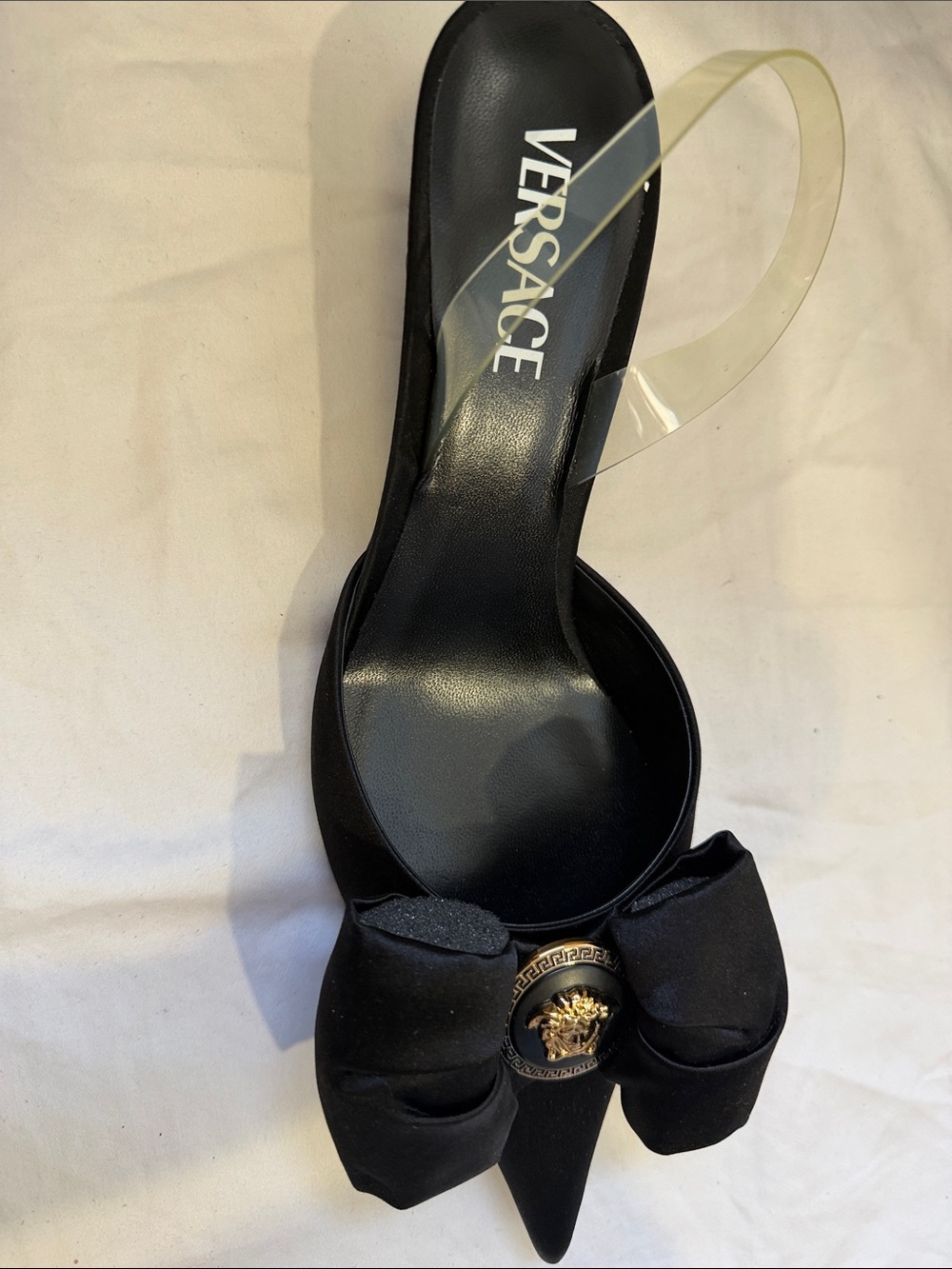 Versace Black Satin Pointed-Toe Slingback Heels with Medusa Bow